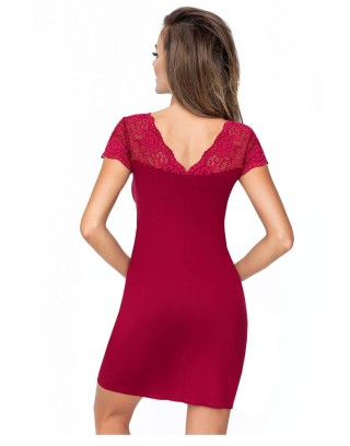 Koszula nocna damska wiskoza Miriam bordo z koronką na dekolcie i rękawie