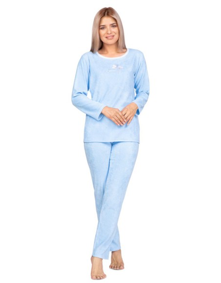 Piżama damska bawełniana frotte długie spodnie i koszulka długi rękaw REGINA niebieska