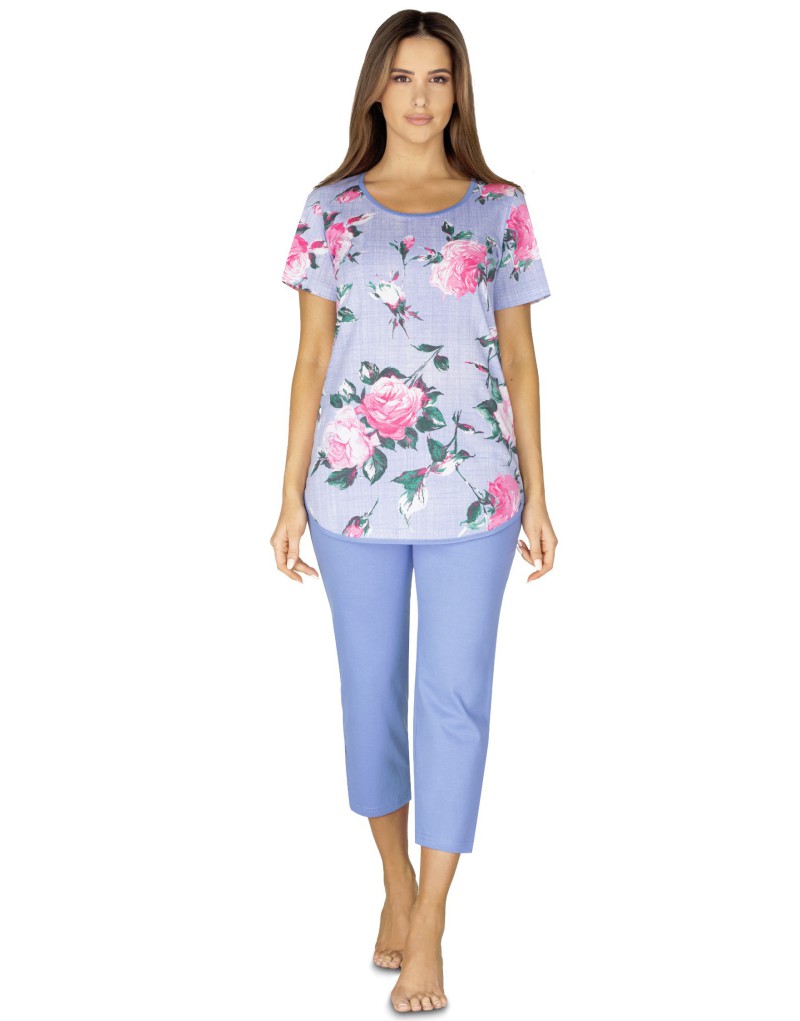 Piżama damska bawełniana niebieska w kwiaty krótki rękaw spodnie za kolano