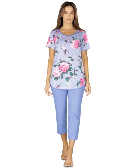 Piżama damska bawełniana niebieska w kwiaty krótki rękaw spodnie za kolano