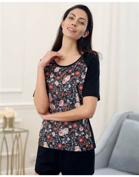 Piżama damska wiskozowa koszulka w kwiaty krótki rękaw krótkie spodenki czarne