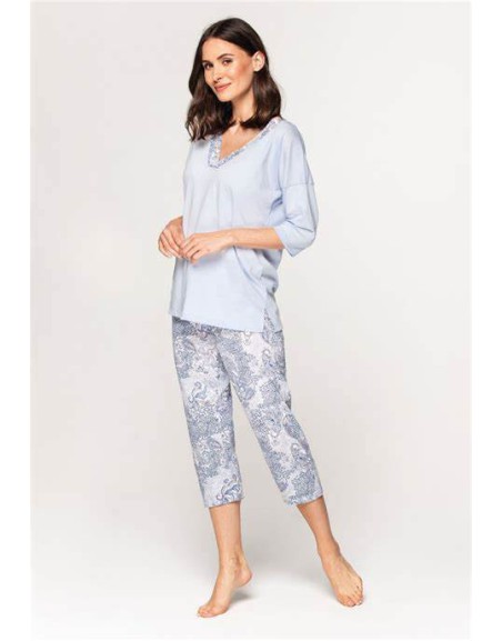 Piżama damska z bawełny satynowej w kolorze niebieskim koszulka i spodnie długość 3/4