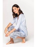 Piżama damska z bawełny satynowej w kolorze niebieskim koszulka i spodnie długość 3/4