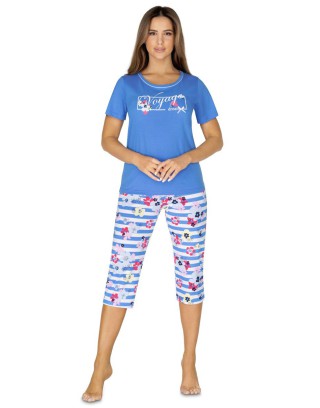 Piżama Damska Bawełniana Spodnie 3/4 Koszulka Krótki Rękaw Regina 981 niebieska