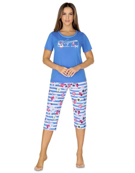 Piżama Damska Bawełniana Spodnie 3/4 Koszulka Krótki Rękaw Regina 981 niebieska